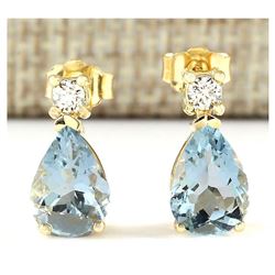 3.52 CTW Natural Aquamarine And Diamond Earrings 18K Solid Yellow Gold