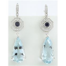 21.50 CTW Aquamarine Sapphire 18K White Gold Diamond Earrings