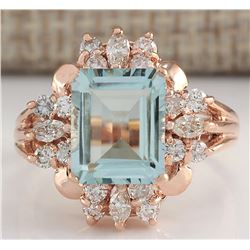 2.83 CTW Natural Blue Aquamarine Diamond Ring 18K Solid Rose Gold