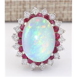 8.33 CTW Natural Opal, Ruby And Diamond Ring In14k White Gold