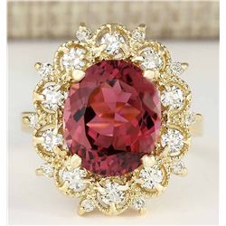 6.60 CTW Natural Pink Tourmaline And Diamond Ring In18K Solid Yellow Gold