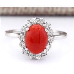 1.95 CTW Natural Coral And Diamond Ring In 18K White Gold