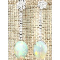 7.97 CTW Natural Opal And Diamond Earrings 18K Solid White Gold