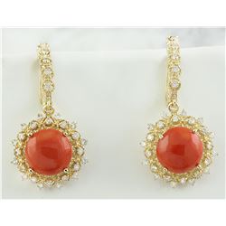8.90 CTW Coral 18K Yellow Gold Diamond Earrings