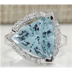 6.09 CTW Natural Aquamarine And Diamond Ring In 18K Solid White Gold
