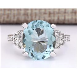5.89 CTW Natural Aquamarine And Diamond Ring In 14k White Gold