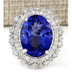 13.75 CTW Natural Blue Tanzanite And Diamond Ring 18K Solid White Gold