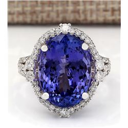 12.87 CTW Natural Blue Tanzanite And Diamond Ring 18K Solid White Gold