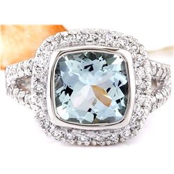3.25 CTW Natural Aquamarine 18K Solid White Gold Diamond Ring