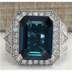 15.51CTW Natural London Blue Topaz And Diamond Ring In18K Solid White Gold