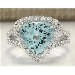 3.52 CTW Natural Aquamarine And Diamond Ring In 18K Solid White Gold