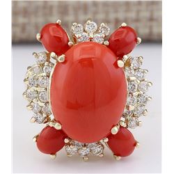 9.71 CTW Natural Coral And Diamond Ring In 18K Yellow Gold