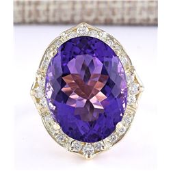 19.00 CTW Natural Amethyst And Diamond Ring In 14k Solid Yellow Gold