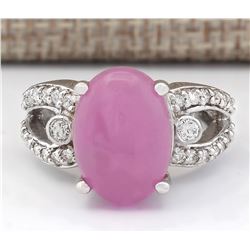7.25 CTW Natural Pink Jade And Diamond Ring In 18K White Gold