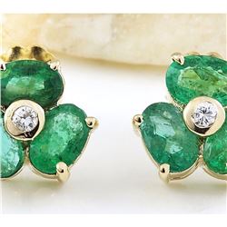 2.90 CTW Natural Emerald 14K Solid Yellow Gold Diamond Stud Earrings