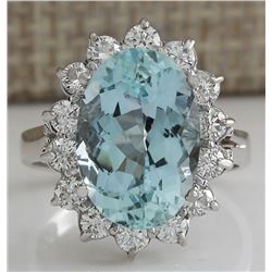 6.99 CTW Natural Aquamarine And Diamond Ring In 18K Solid White Gold