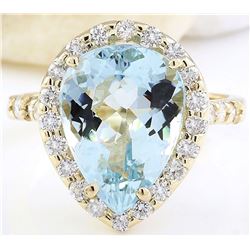 5.40 CTW Natural Aquamarine 14K Solid Yellow Gold Diamond Ring