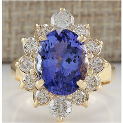 6.18 CTW Natural Blue Tanzanite And Diamond Ring In 18K Solid Yellow Gold