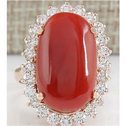 12.10CTW Natural Red Coral And Diamond Ring In 14K Rose Gold