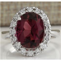 4.29 CTW Natural Pink Tourmaline And Diamond Ring 18K Solid White Gold