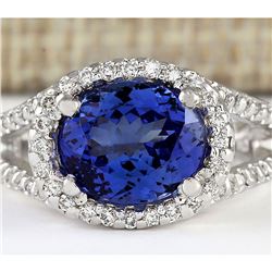 4.86 CTW Natural Blue Tanzanite And Diamond Ring 14k Solid White Gold