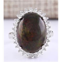 8.66 CTW Natural Black Opal And Diamond Ring In 18K White Gold