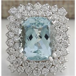 10.12 CTW Natural Aquamarine And Diamond Ring In 18K Solid White Gold