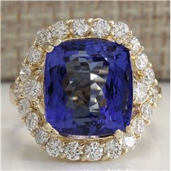 14.68 CTW Natural Blue Tanzanite And Diamond Ring In 18K Yellow Gold