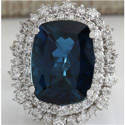 14.32CTW Natural London Blue Topaz And Diamond Ring In18K Solid White Gold