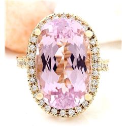 19.10 CTW Natural Kunzite 18K Solid Yellow Gold Diamond Ring