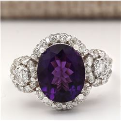4.42 CTW Natural Amethyst And Diamond Ring In 18K White Gold