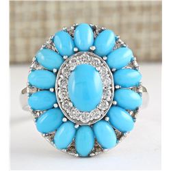 3.63 CTW Natural Turquoise And Diamond Ring In 18K White Gold