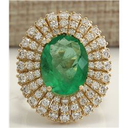6.94 CTW Natural Colombian Emerald And Diamond Ring 18K Solid Yellow Gold