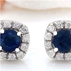 2.13 CTW Natural Ceylon Sapphire 14K Solid White Gold Diamond Stud Earrings