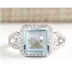 3.43 CTW Natural Aquamarine And Diamond Ring In 18K Solid White Gold