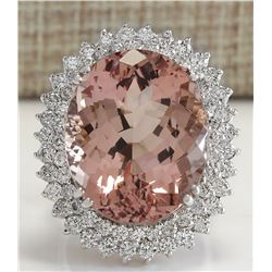 27.54 CTW Natural Peach Morganite And Diamond Ring In 14K Solid White Gold