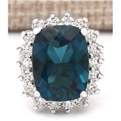 15.04 CTW Natural London Blue Topaz And Diamond Ring In18K Solid White Gold