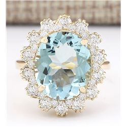 6.73 CTW Natural Blue Aquamarine And Diamond Ring In 18K Yellow Gold