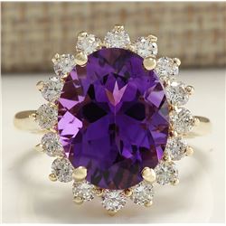 7.26 CTW Natural Amethyst And Diamond Ring In 18K Solid Yellow Gold