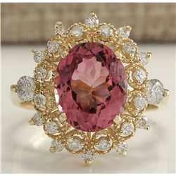 4.61 CTW Natural Pink Tourmaline And Diamond Ring 14K Solid Yellow Gold