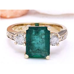 4.20 CTW Natural Emerald 18K Solid Yellow Gold Diamond Ring