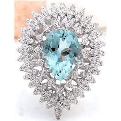 4.11 CTW Natural Aquamarine 18K Solid White Gold Diamond Ring