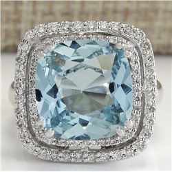 6.92CTW Natural Aquamarine And Diamond Ring In 18K Solid White Gold