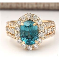 5.89 CTW Natural Blue Zircon And Diamond Ring 18K Solid Yellow Gold