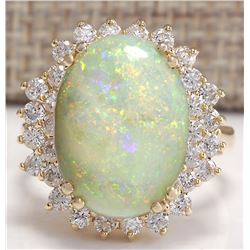 6.31 CTW Natural Australian Opal And Diamond Ring 18K Solid Yellow Gold