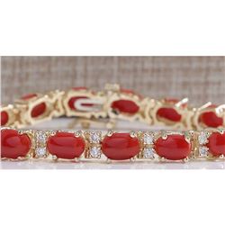 18.44 CTW Natural Red Coral And Dimond Bracelet In 14k Solid Yellow Gold