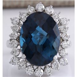 12.99CTW Natural London Blue Topaz And Diamond Ring In14K Solid White Gold