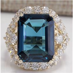 15.70CTW Natural London Blue Topaz And Diamond Ring In18K Solid Yello Gold