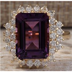 6.53 CTW Natural Amethyst And Diamond Ring In 14K Solid Yellow Gold