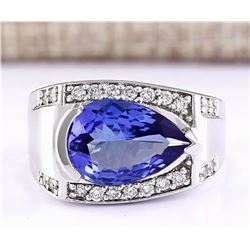 3.32 CTW Natural Blue Tanzanite And Diamond Ring 18K Solid White Gold